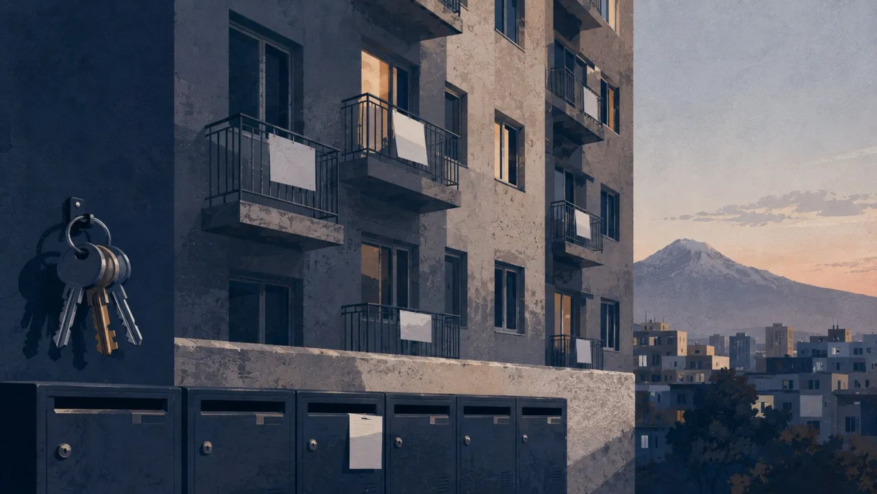 A bunch of keys hangs on a bank of letterboxes in front of an apartment block at dusk; beyond, the roofs of Yerevan and the cone of Ararat.