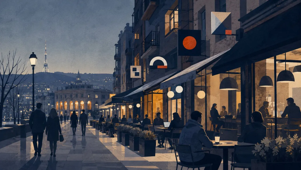 A Yerevan street at dusk: lit shopfronts and cafés, people on a wide promenade, the television tower on the hill behind.