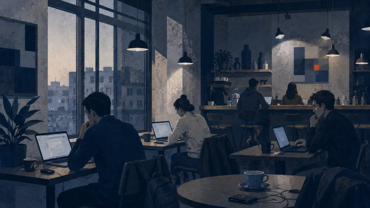 A café working as an office: a dozen people at laptops, the city skyline through tall windows.