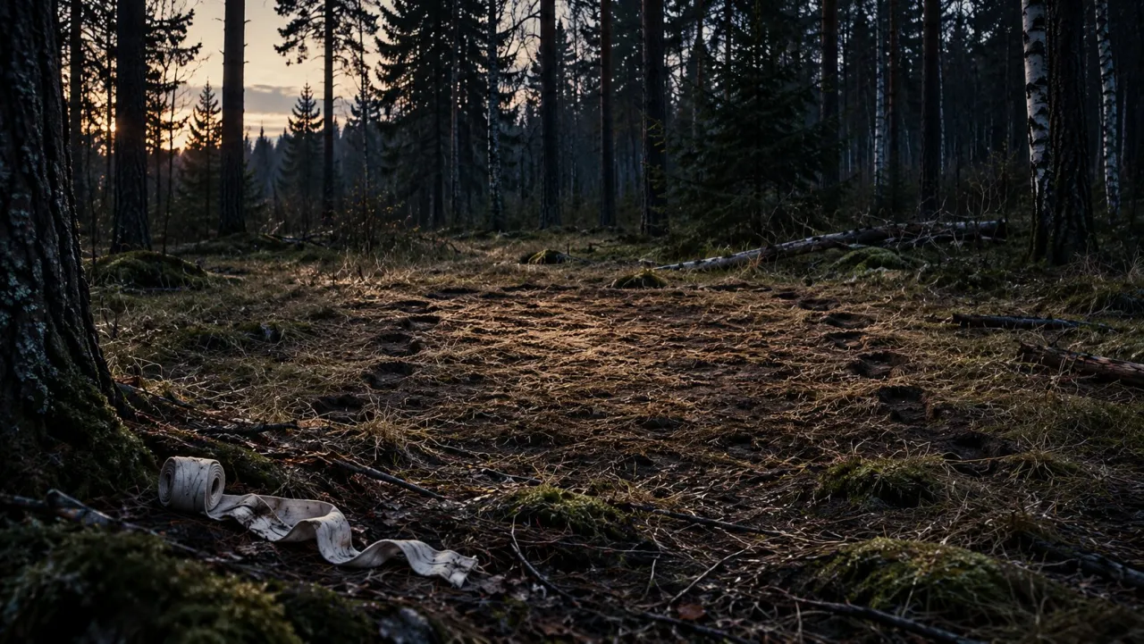 A forest clearing at dusk, the grass trampled in a wide ring, a strip of white tape on the ground.
