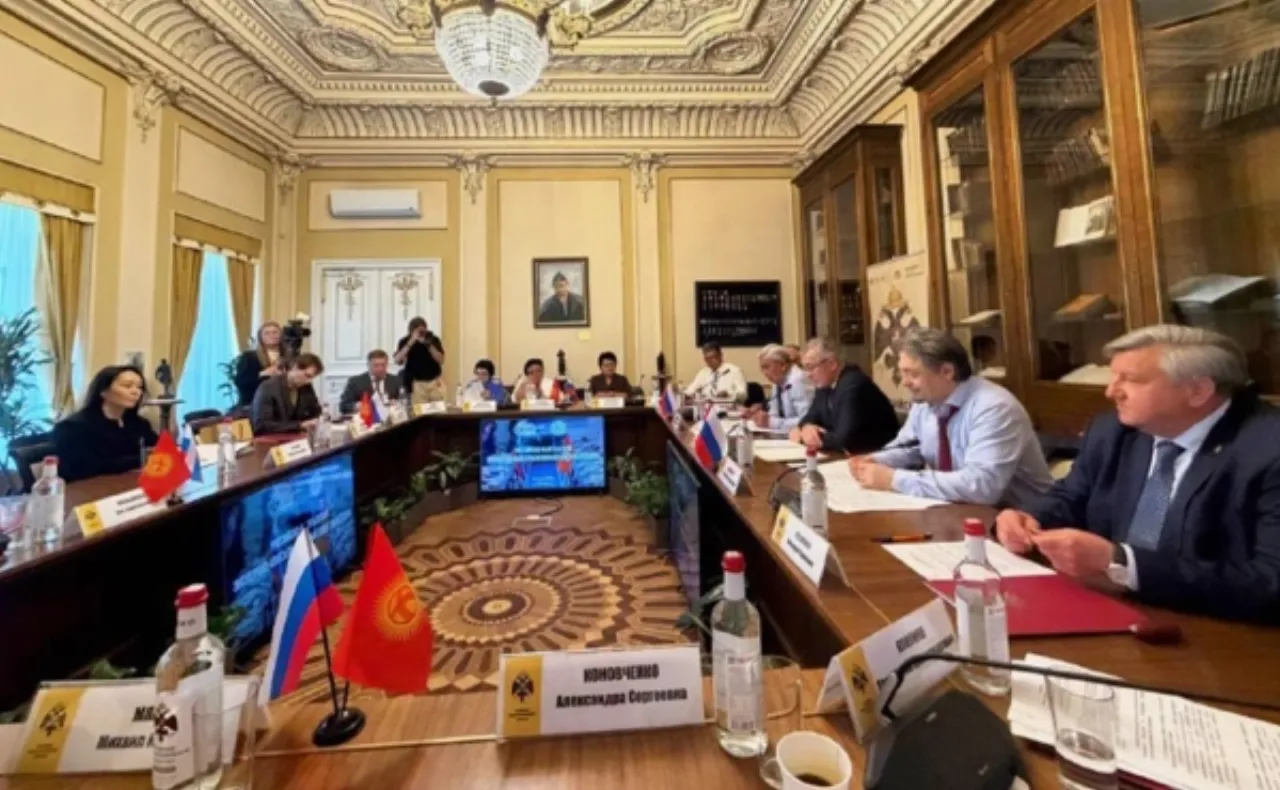A session around a long table in a historic hall: Russian and Kyrgyz flags, name cards, delegates down both sides.