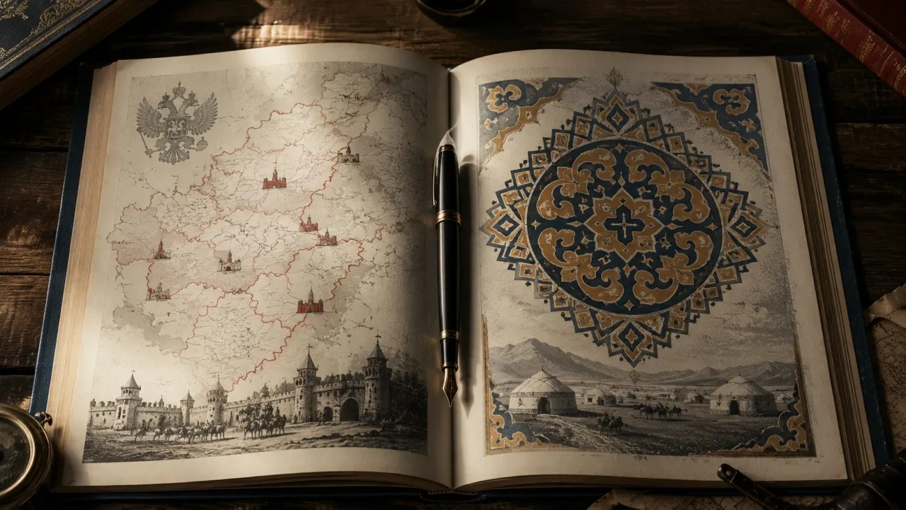 An open book: on the left a Russian imperial map of Turkestan with the double-headed eagle, on the right a Central Asian ornament and an engraving of yurts.