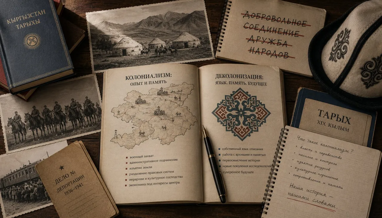 A desk with Kyrgyz textbooks and notebooks; the headings “КОЛОНИАЛИЗМ: ОПЫТ И ПАМЯТЬ” and “ДЕКОЛОНИЗАЦИЯ”, beside them a crossed-out “ДОБРОВОЛЬНОЕ СОЕДИНЕНИЕ — ДРУЖБА НАРОДОВ” and a Kyrgyz kalpak.