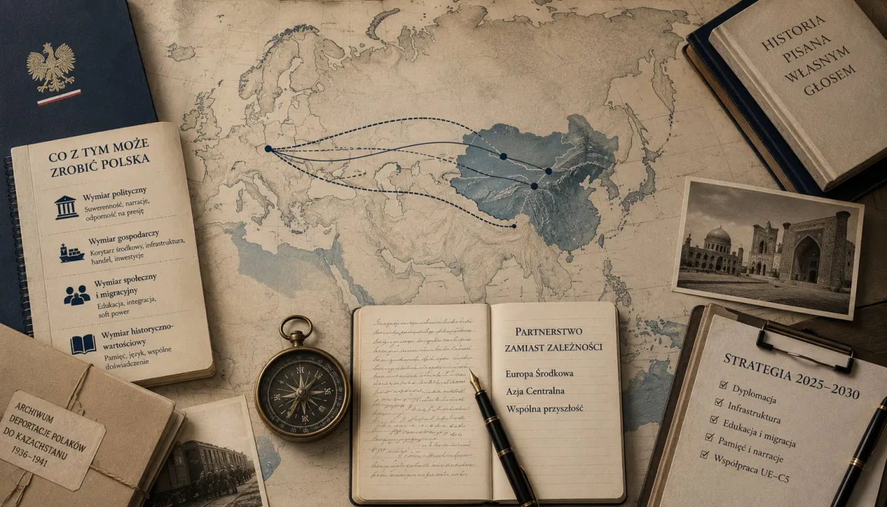 A desk with a map of Eurasia and routes drawn from Poland to Central Asia, a compass, a notebook reading “PARTNERSTWO ZAMIAST ZALEŻNOŚCI”, a sheet “STRATEGIA 2025–2030” and a Polish passport.