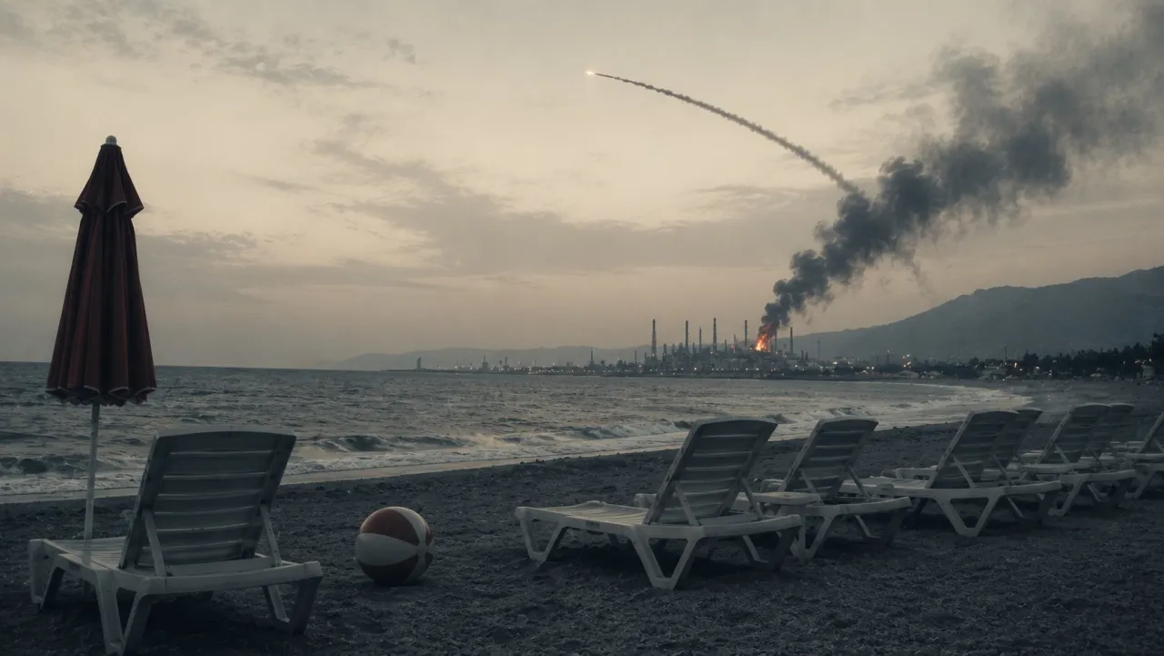 An empty beach with sunbeds and a ball; across the bay, a missile trail and smoke from a burning refinery.