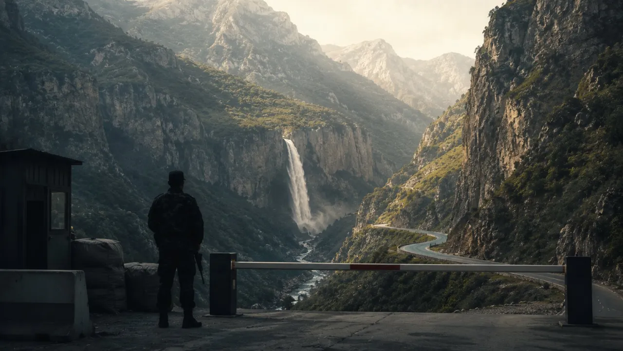 A soldier at a barrier on a mountain road; in the gorge behind him, a waterfall and a hairpin road.