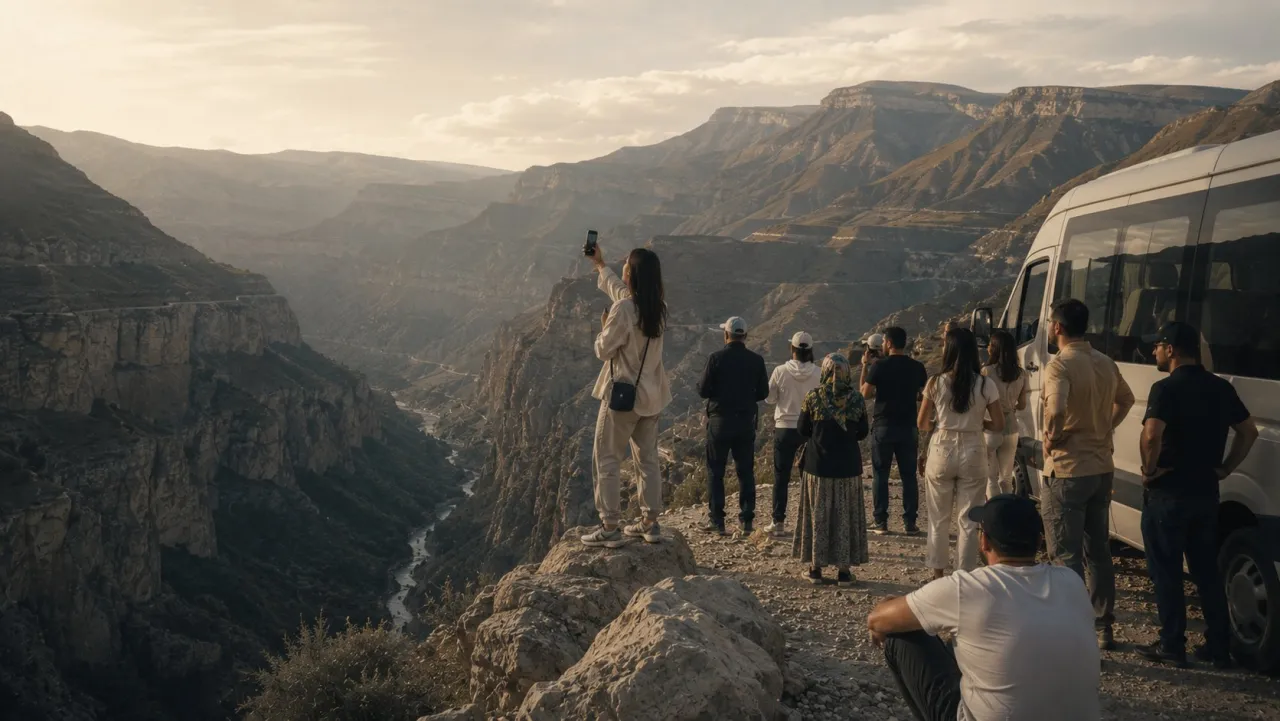 A tour group on a rocky viewpoint above a canyon, a minibus beside them; one of them is taking a photograph.