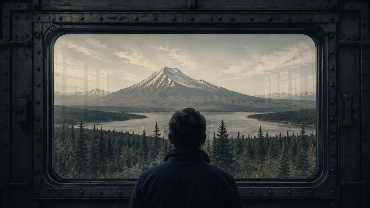 A man seen from behind looks through a heavy riveted window at a landscape of mountain, lake and forest.