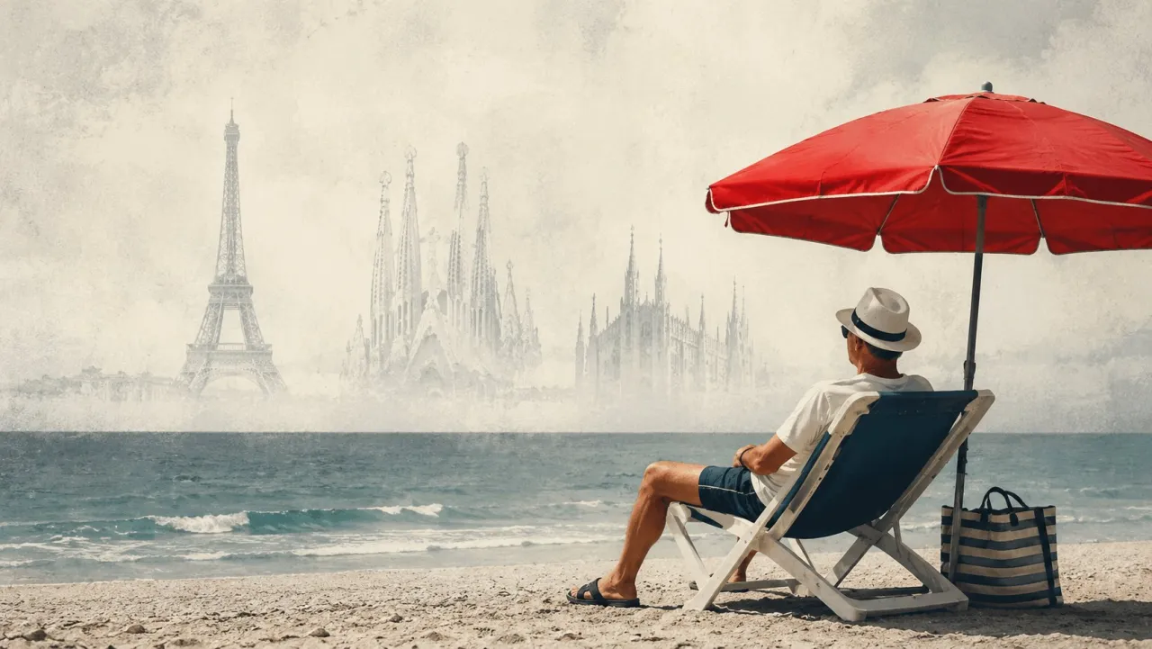 A man in a deckchair under a red parasol on an empty beach; in the haze behind, the Eiffel Tower, the Sagrada Família and a Gothic cathedral fade out.