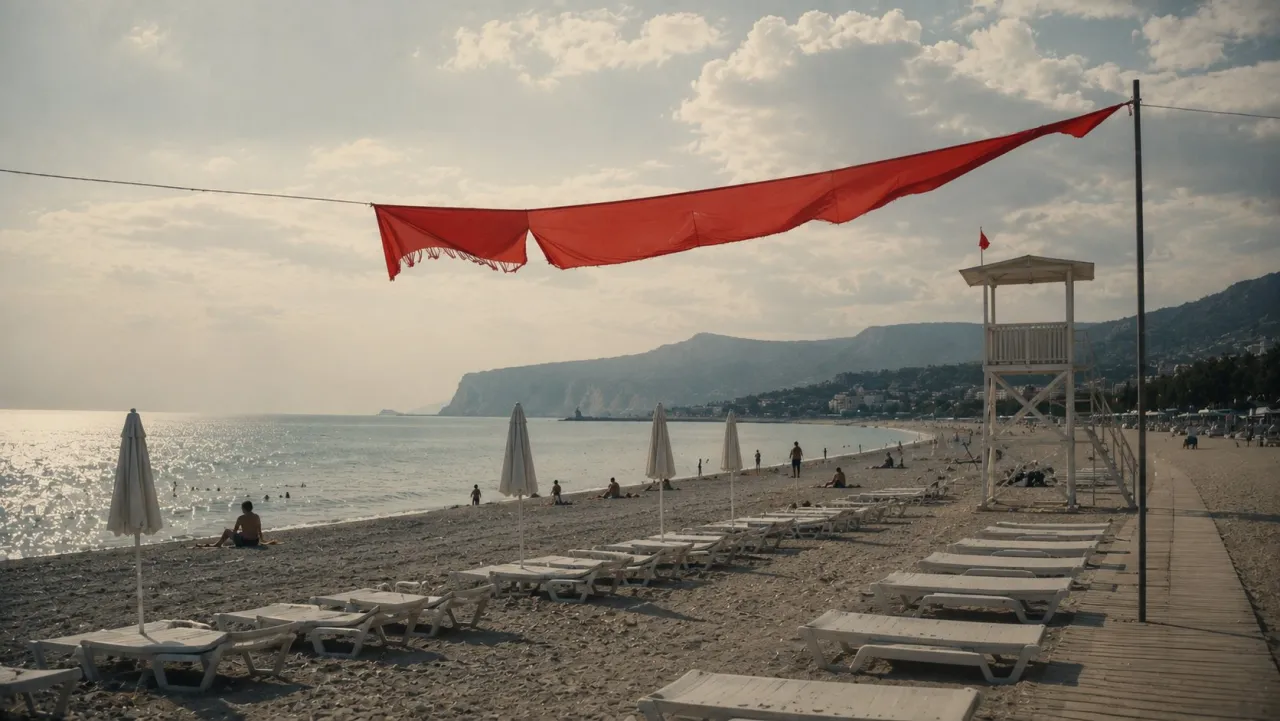 A torn red flag on a line above a beach of empty sunbeds and a lifeguard tower.