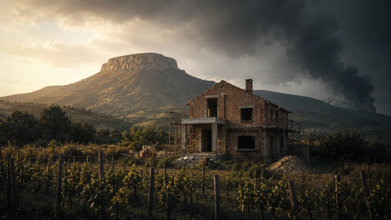An unfinished stone house among vines at the foot of a mountain; a column of black smoke rises on the right.