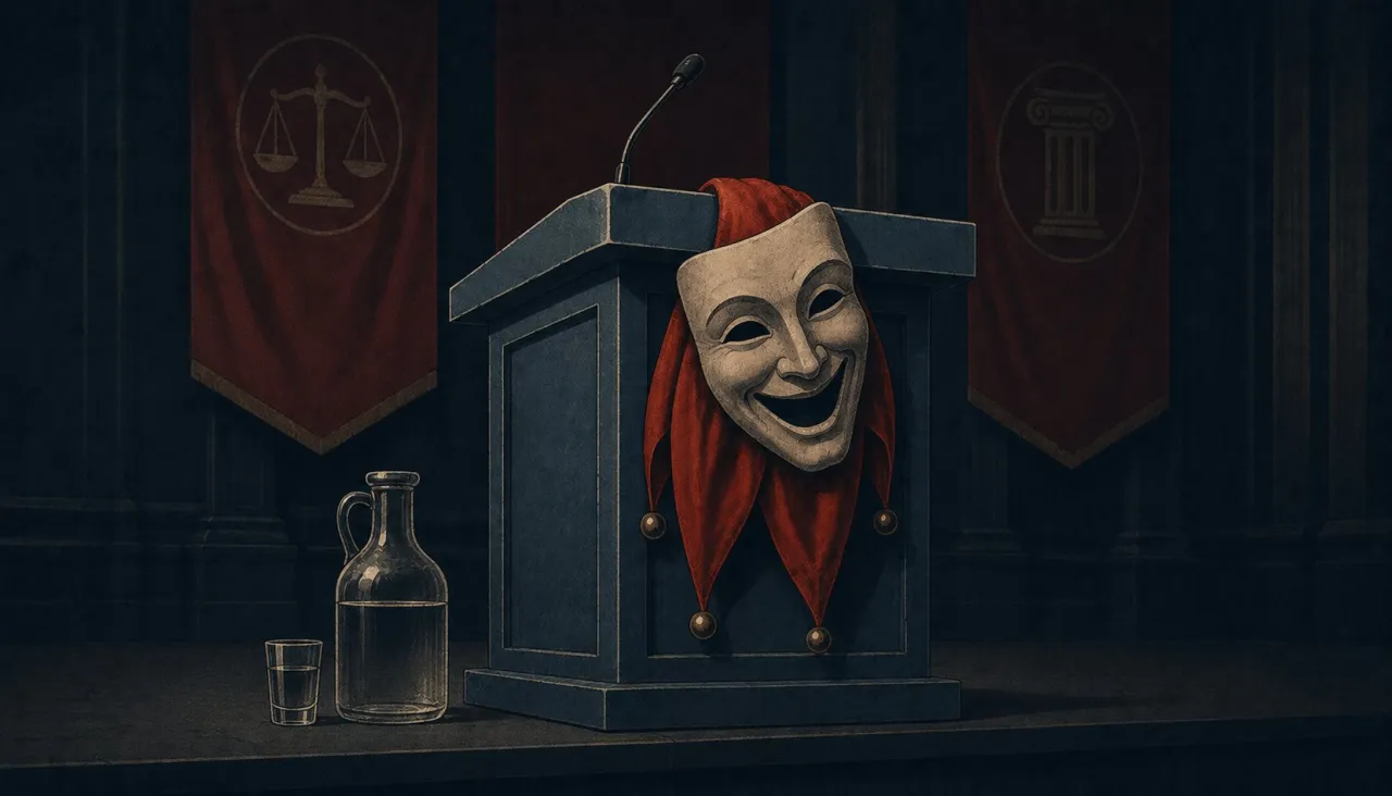 A lectern with a microphone, a jester’s mask and cap resting on it; scales and a column on the banners behind.