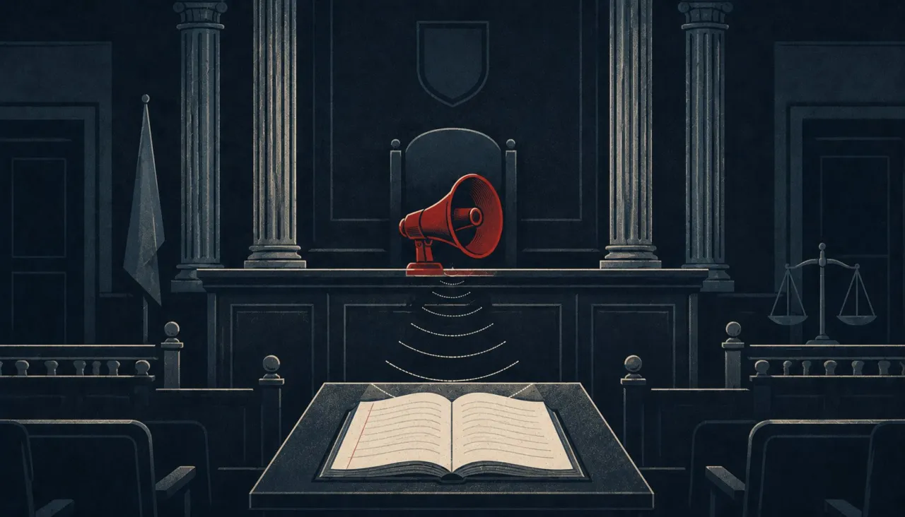 A courtroom in which a red megaphone stands where the judge should sit; sound waves fall onto an open book.