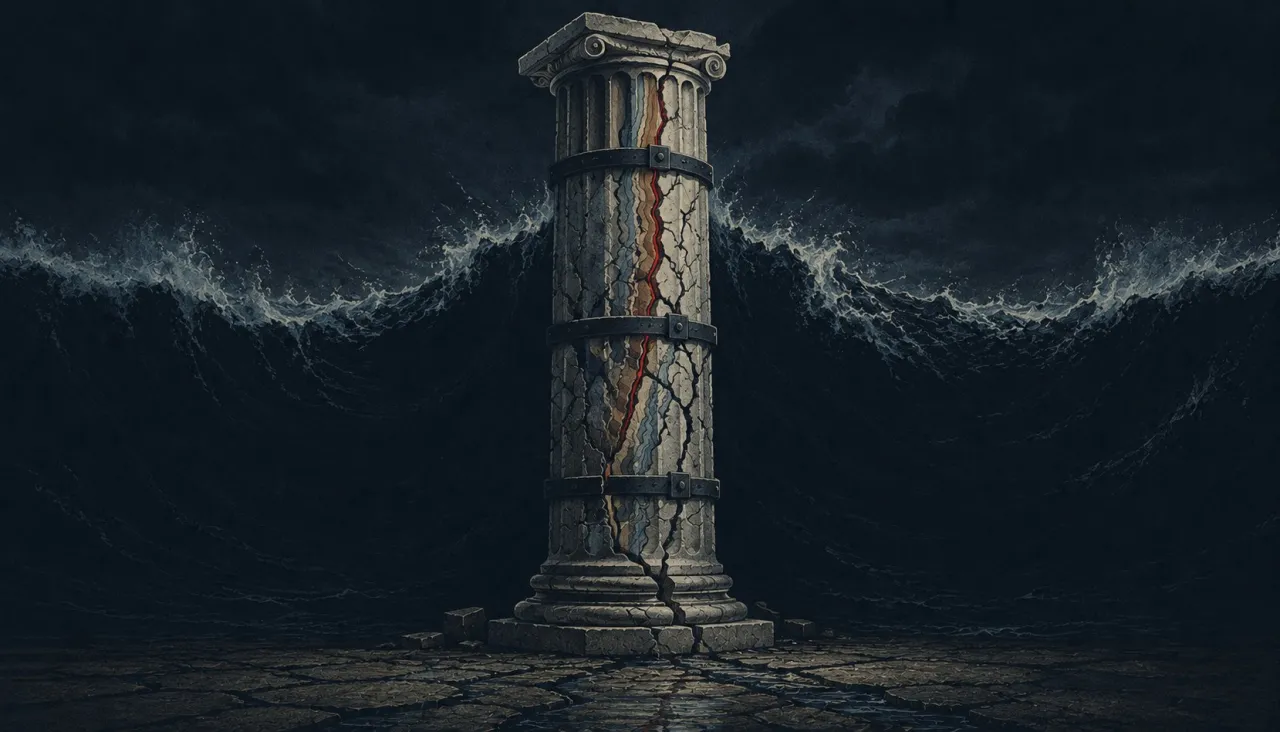 A single classical column with a crack filled in red; dark waves close in from both sides.
