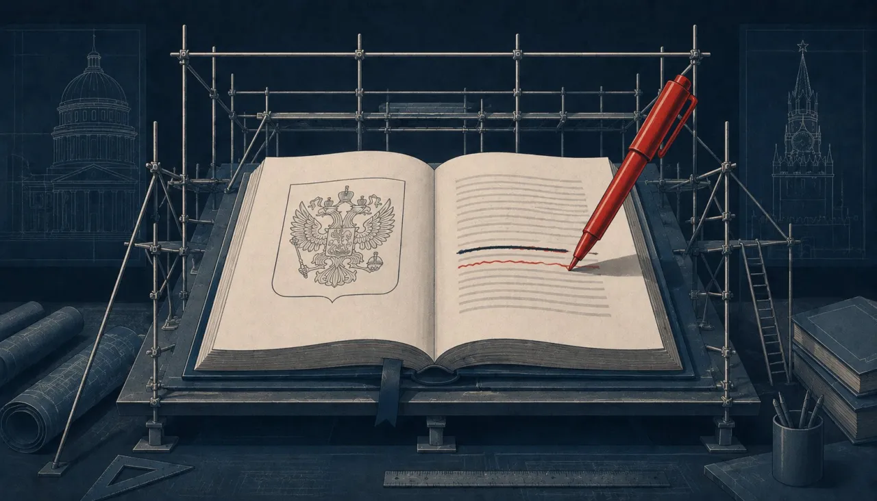 An open book bearing the Russian coat of arms, held in scaffolding; a huge red pen underlines a line, with the skylines of St Petersburg and Moscow behind.