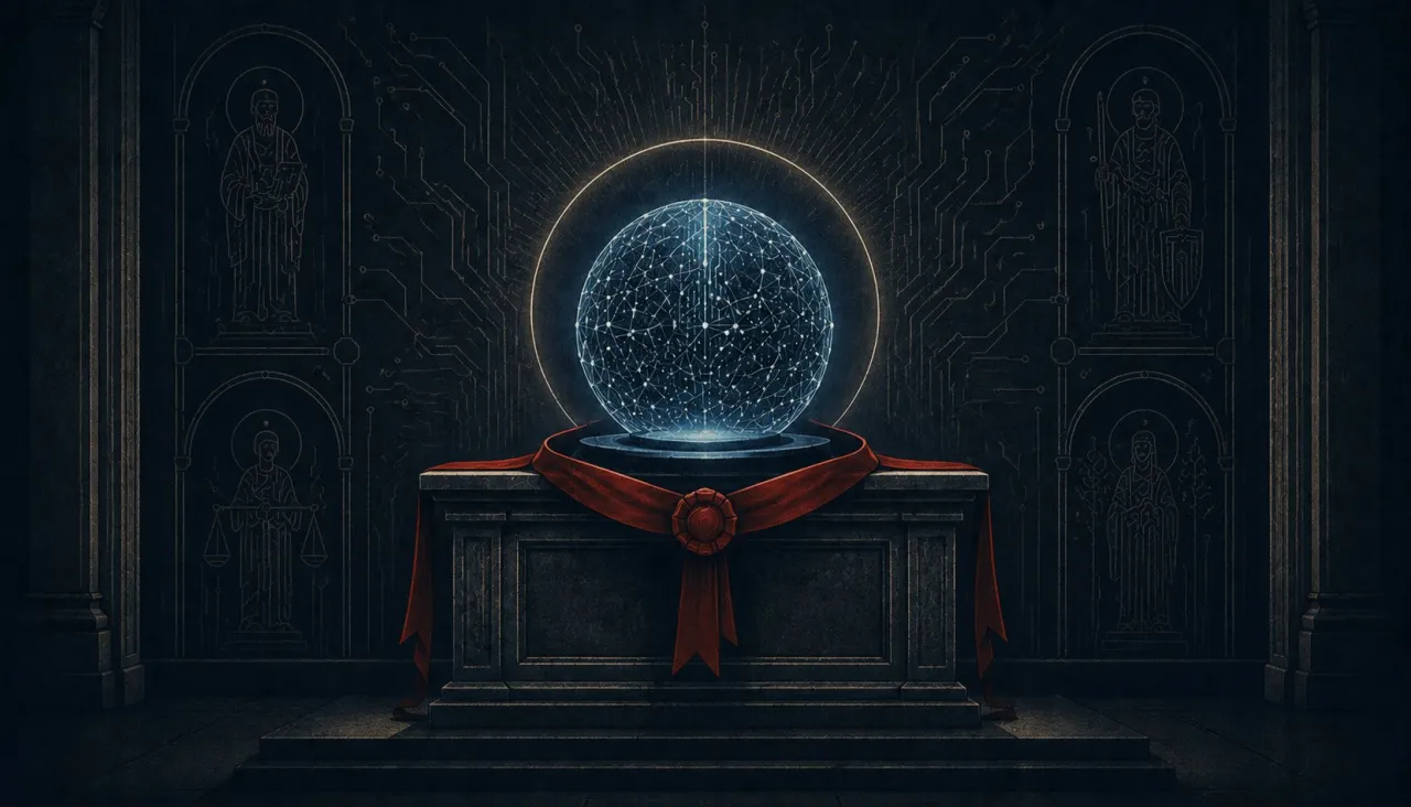 A glowing blue sphere of networked nodes on an altar draped in red; painted saints on the wall behind it.