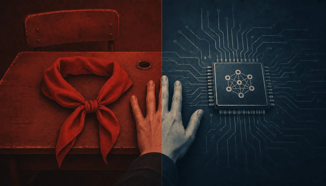 An image split in two: on the left a red Pioneer scarf on a school desk, on the right a hand on a circuit board with a processor.