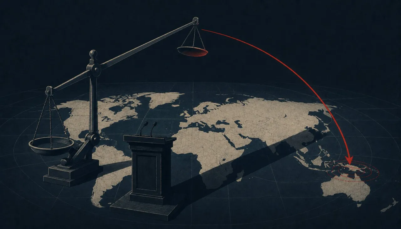 A set of scales above a world map, one pan tipped; a red arrow curves away to the south.