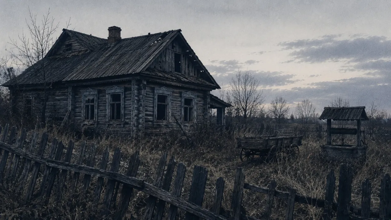 An abandoned log house with a collapsing roof behind a broken fence; a well and a cart in the yard.