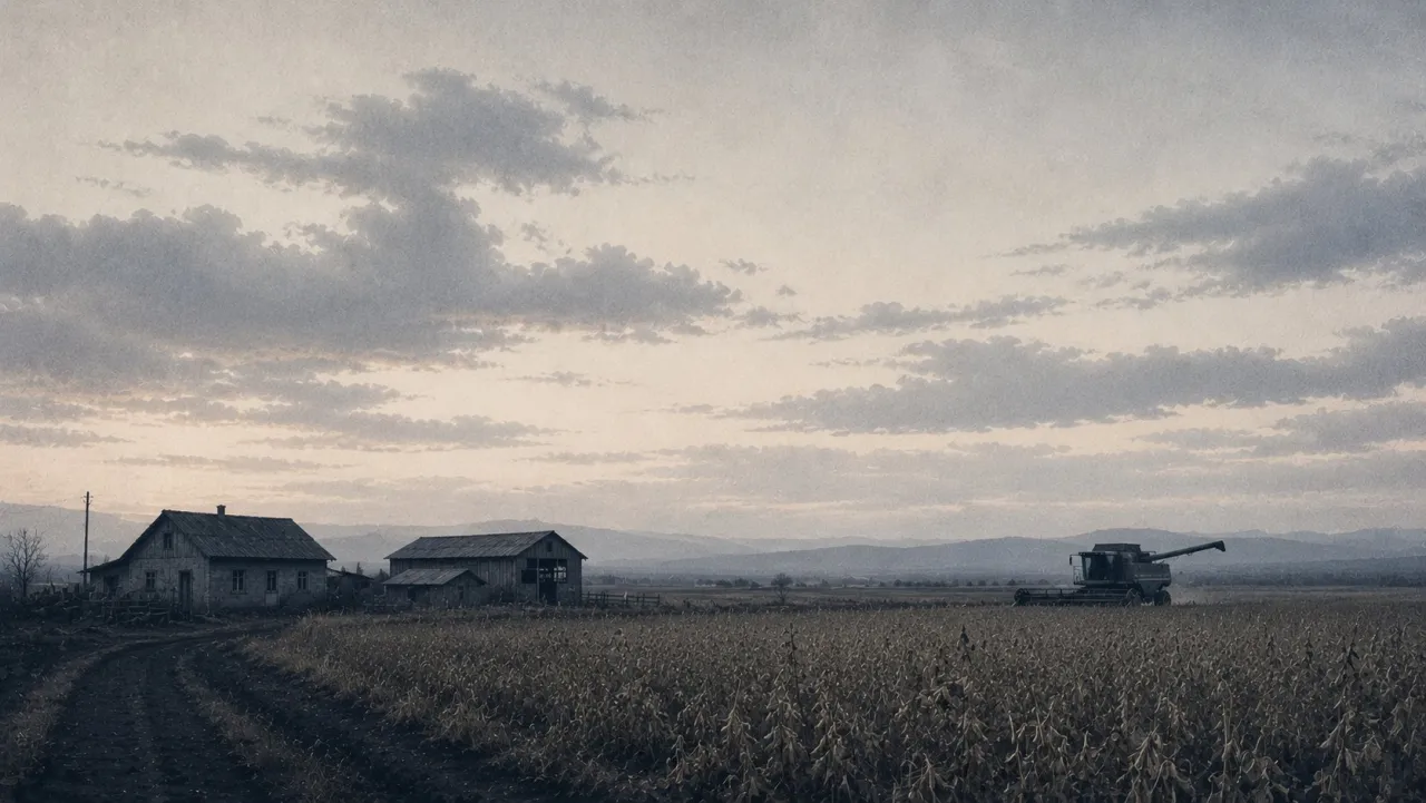 A farmstead at the edge of a soya field at dawn; a combine works in the distance.