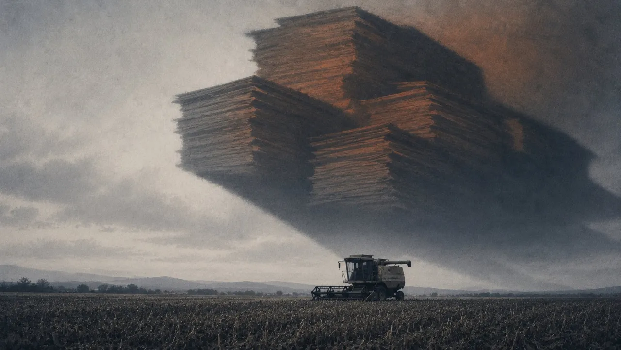 A combine in a field beneath a cloud built out of stacked paper, raining down on it.