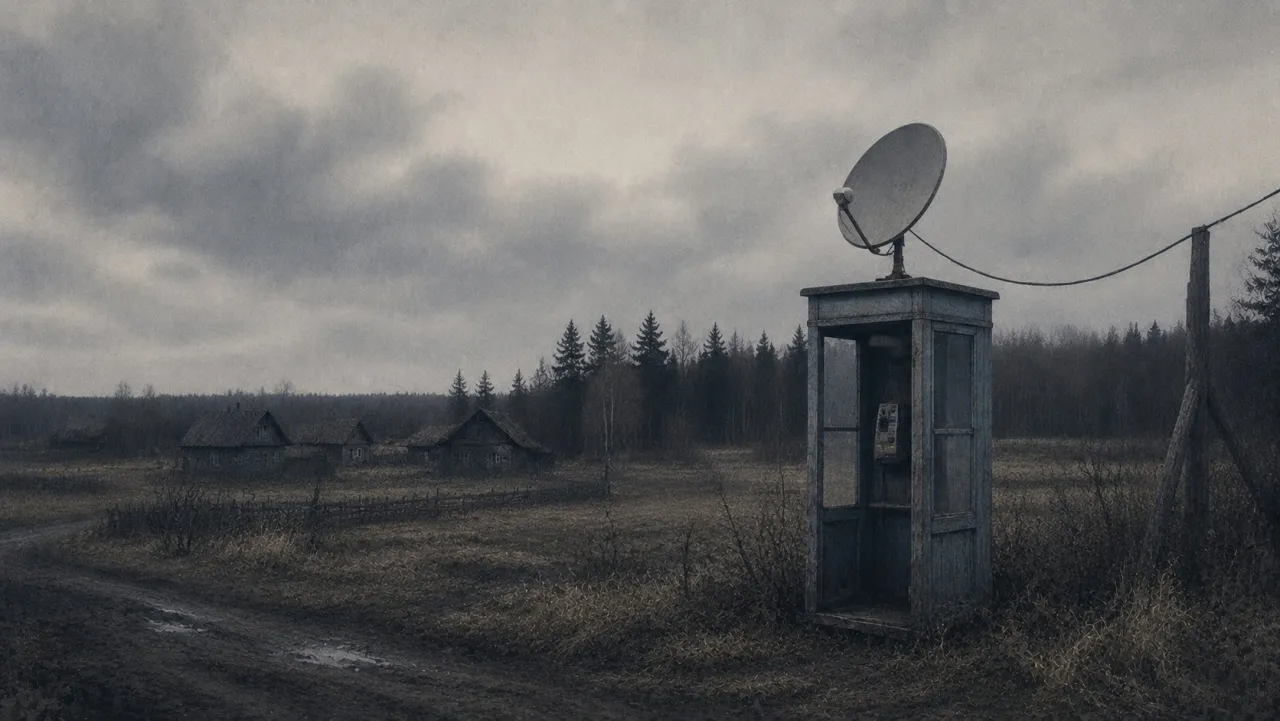 A satellite dish mounted on an old telephone box by a dirt road; abandoned cottages and forest behind it.