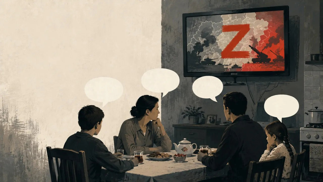 A family at a kitchen table with empty speech bubbles above them; on the television, a map with a red letter Z.