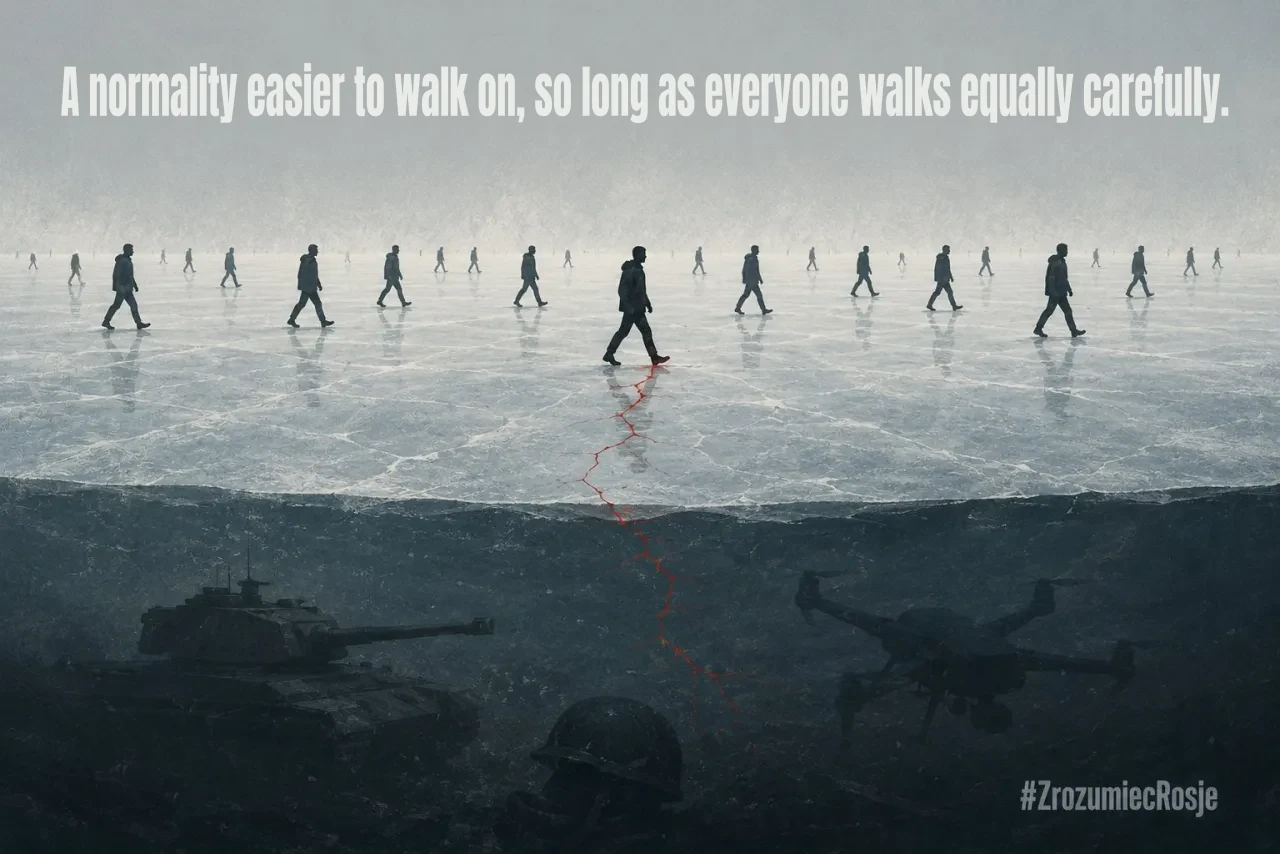 Figures walk across thin ice; sunken tanks and a drone lie beneath it, and one of them trails a thin red line.