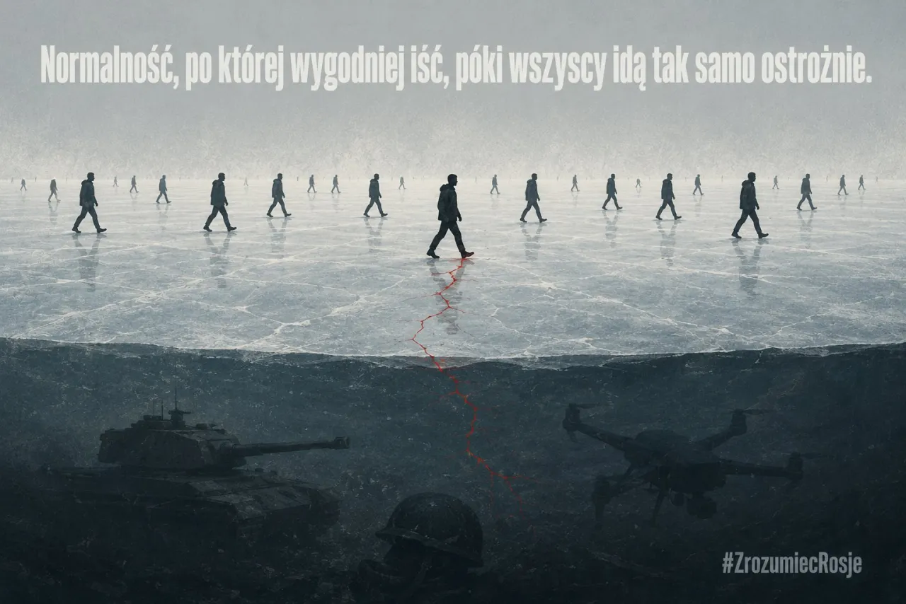 Sylwetki idą po cienkim lodzie; pod taflą zatopione czołgi i dron, za jedną z postaci ciągnie się czerwony ślad.
