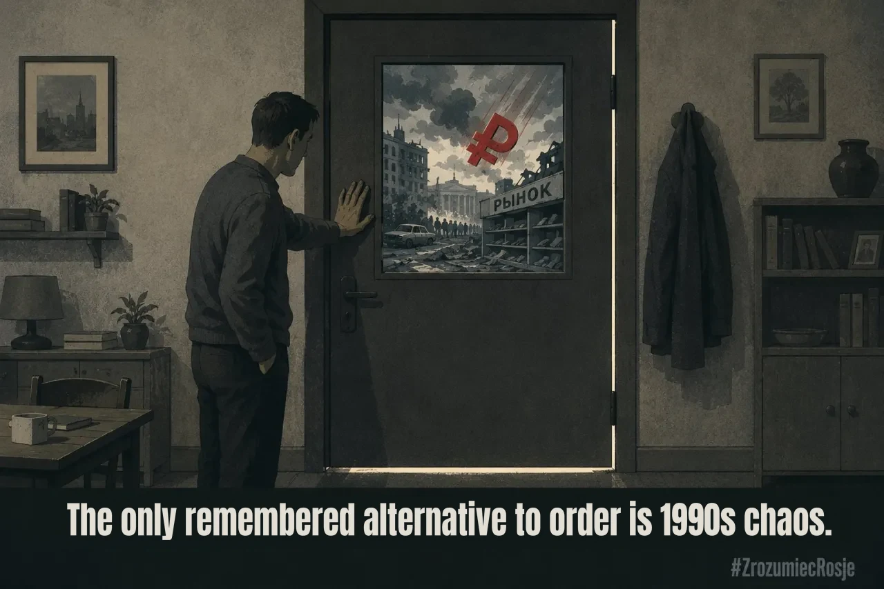 A man rests his hand on a door; through its window, a grey street with a market stall and a red rouble sign.