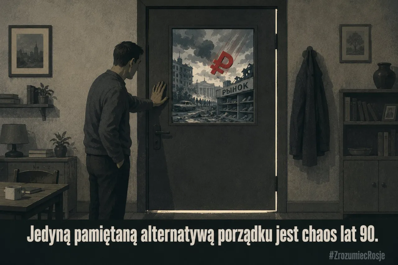 Mężczyzna opiera dłoń o drzwi; w ich okienku szara ulica z bazarem i czerwonym znakiem rubla.
