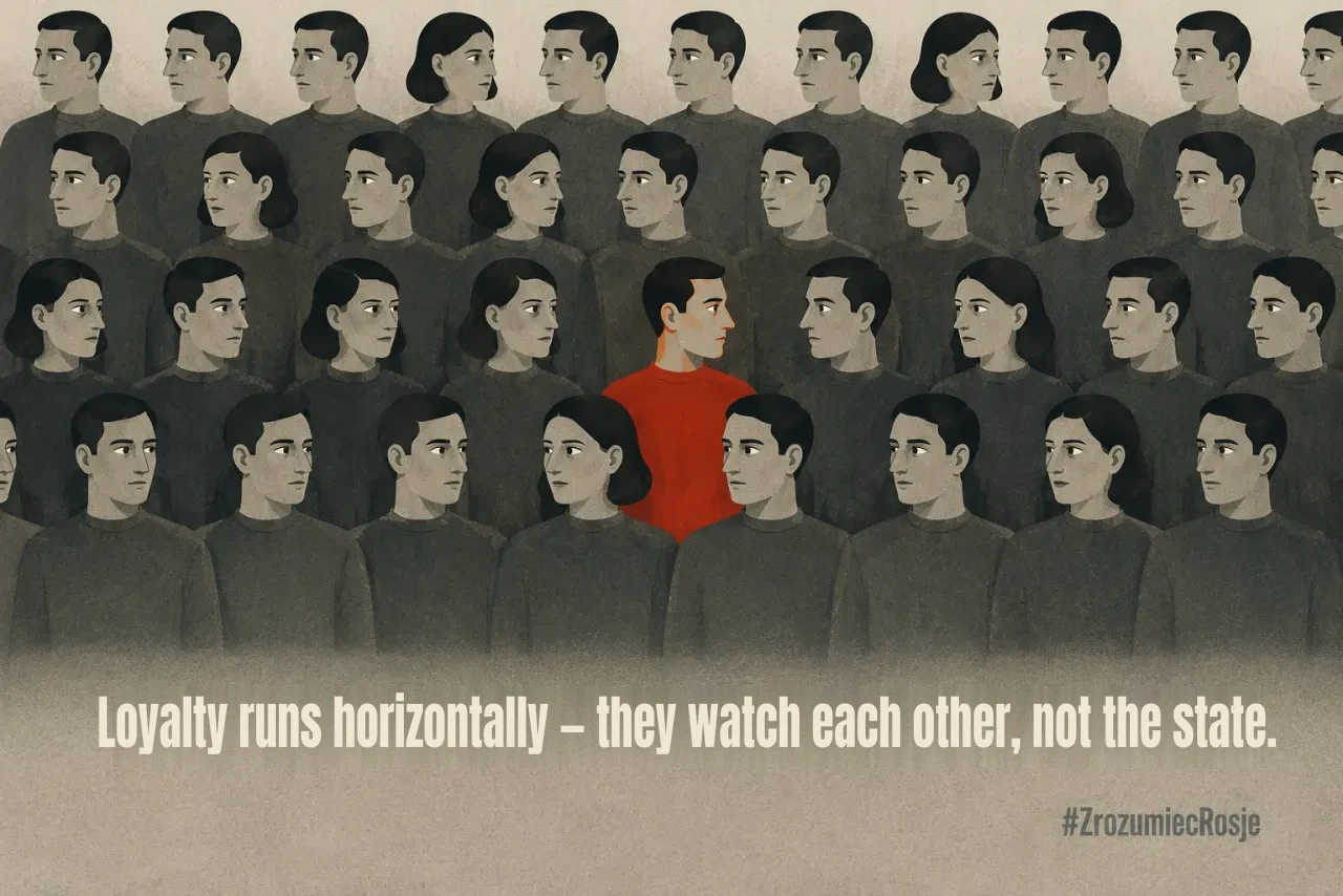 Rows of identical grey faces turned one way; a single figure in red looks the other.