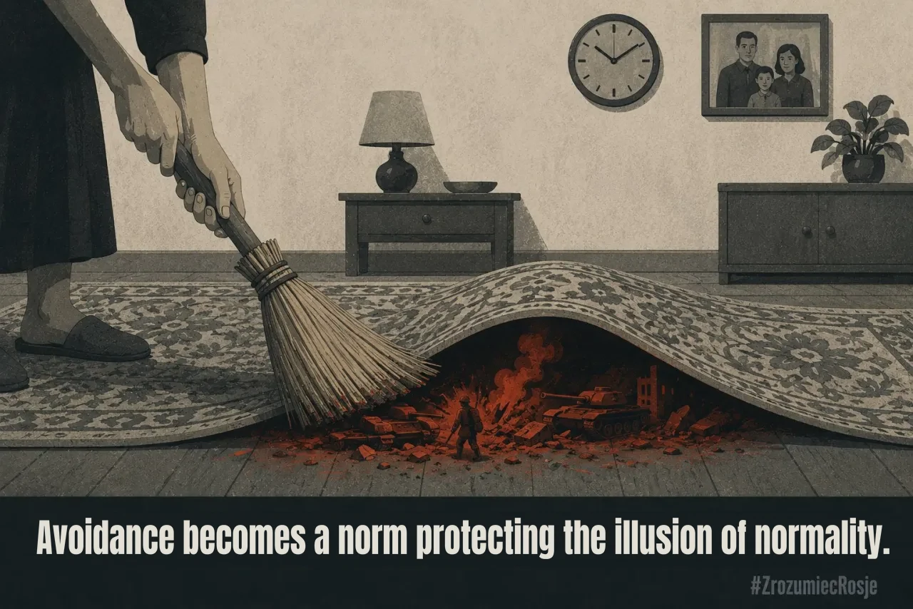 A hand sweeps glowing embers under a rug in a tidy living room; a clock and a family photograph on the wall.