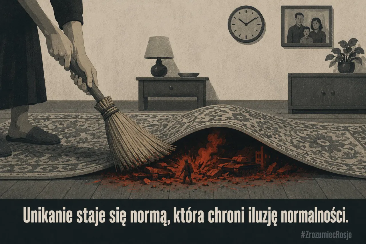 Dłoń zamiata żarzące się węgle pod dywan w schludnym salonie; na ścianie zegar i rodzinne zdjęcie.
