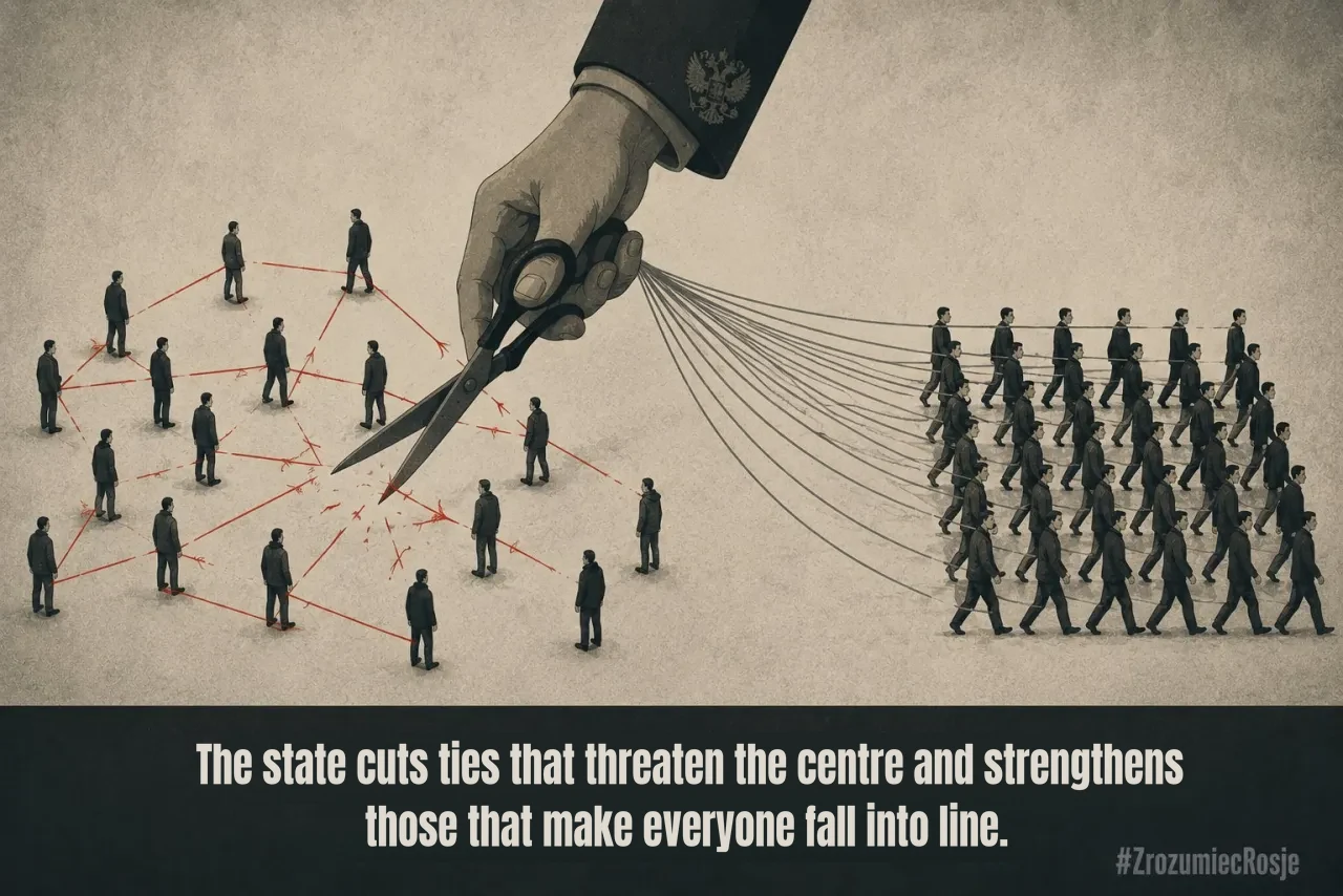 A hand with scissors cuts the red threads linking scattered figures, and beside it gathers others into a marching column.